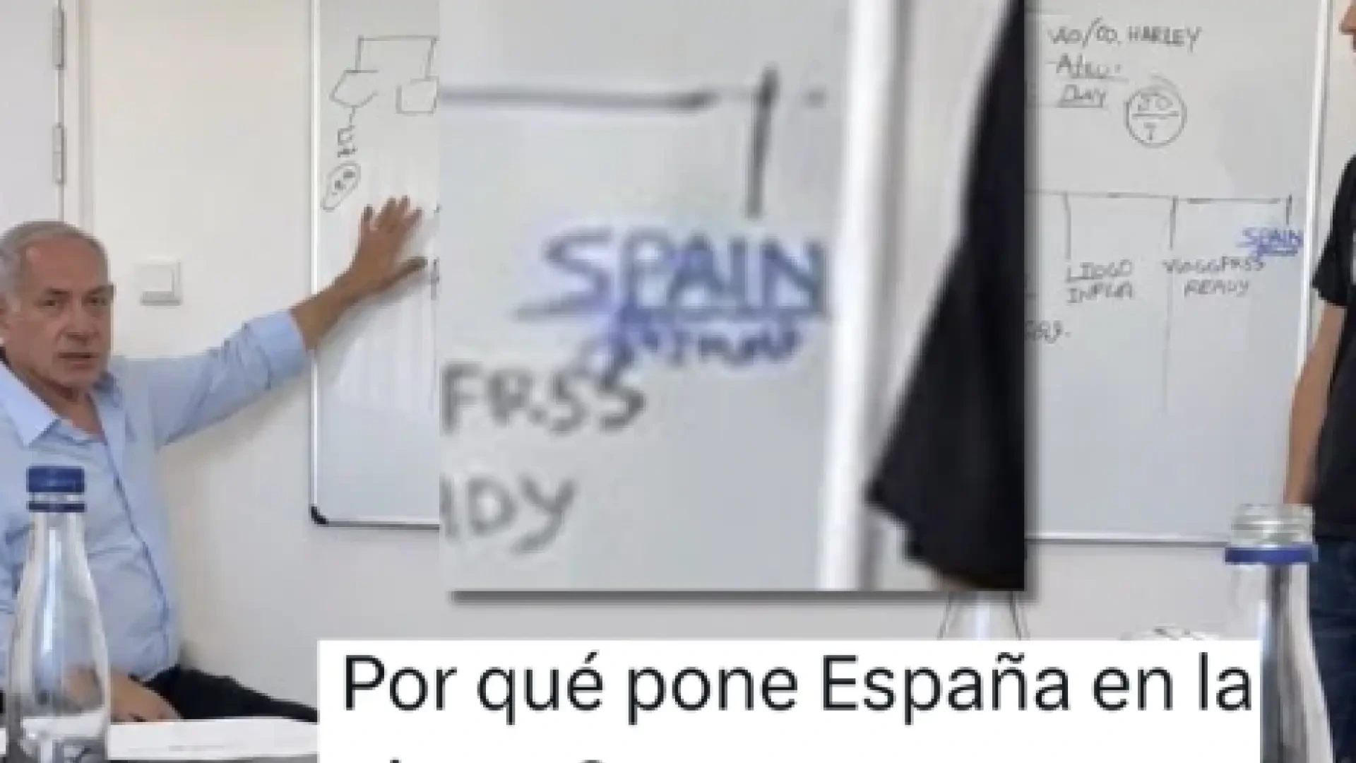 La imagen de Netanyahu señalando una pizarra donde se puede leer la palabra "España" no es real