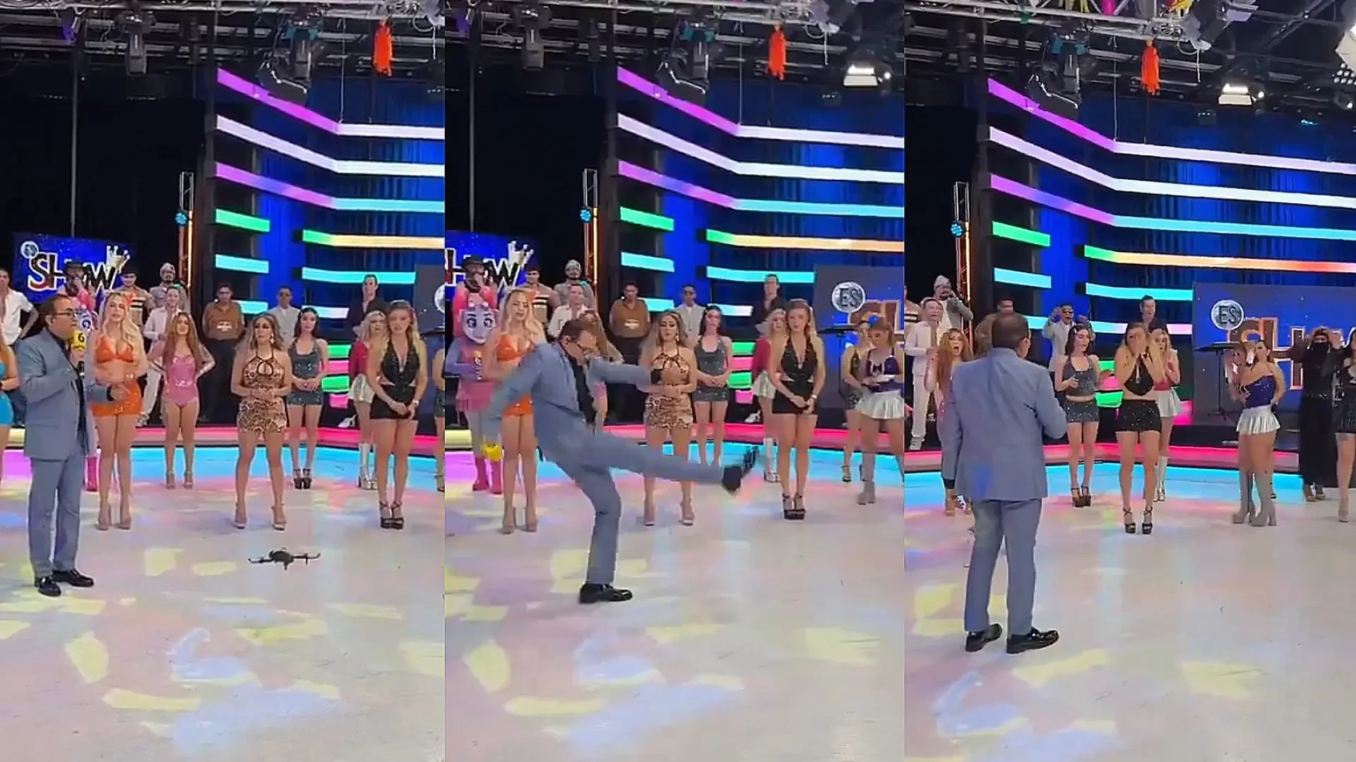 Un presentador le da una patada a un dron y acaba empotrándolo contra la cara de una modelo en directo