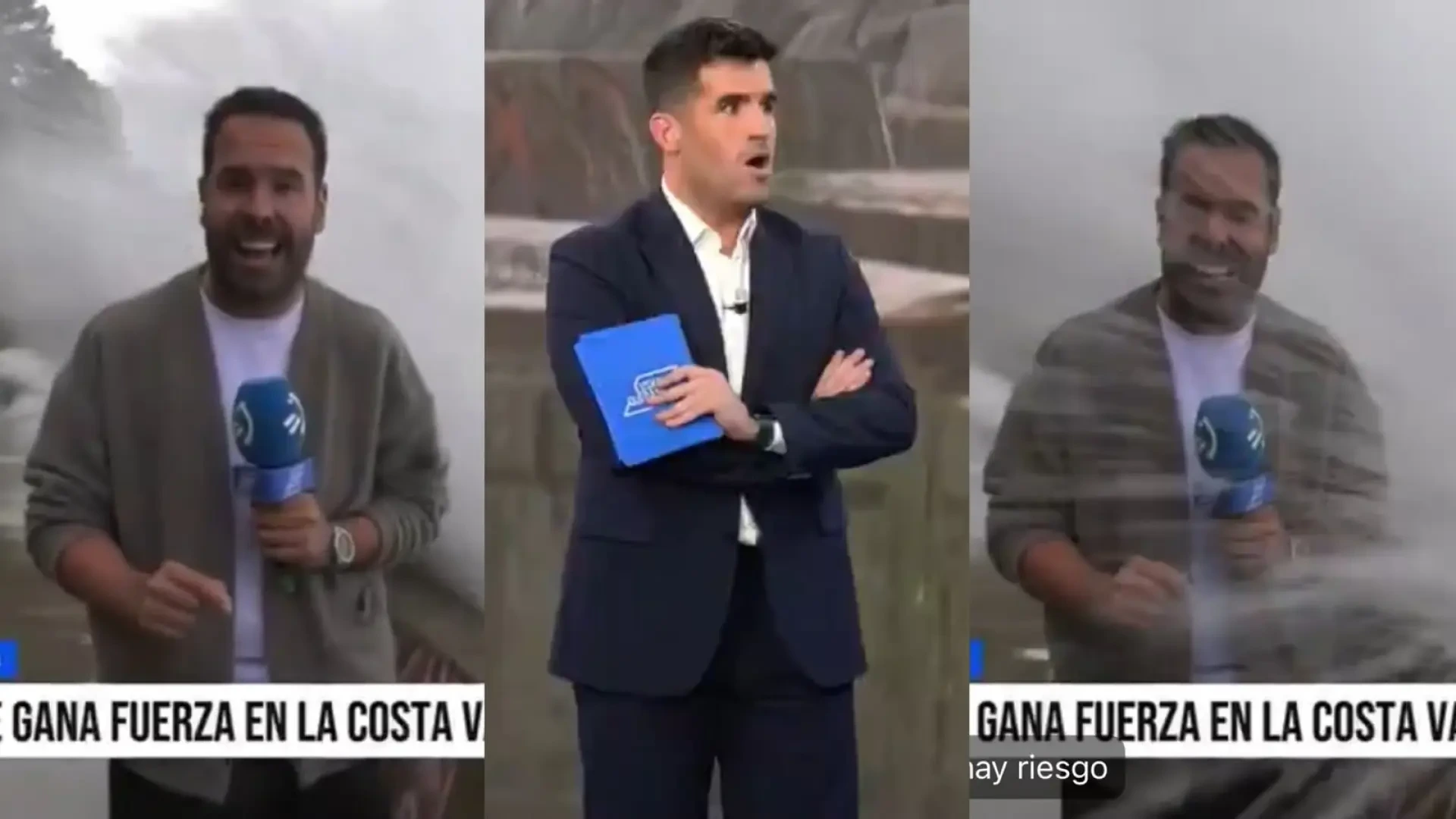 El susto en directo de un reportero de la ETB al ser golpeado por una ola